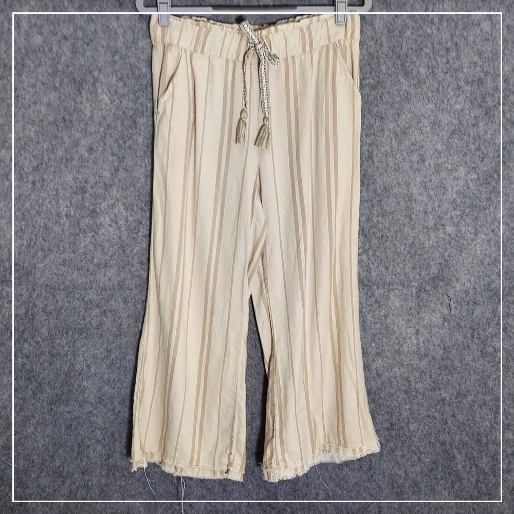 Beau Dawson Pants S  Linen Striped Cropped‎ Wide Leg Fringed Pockets Coastal